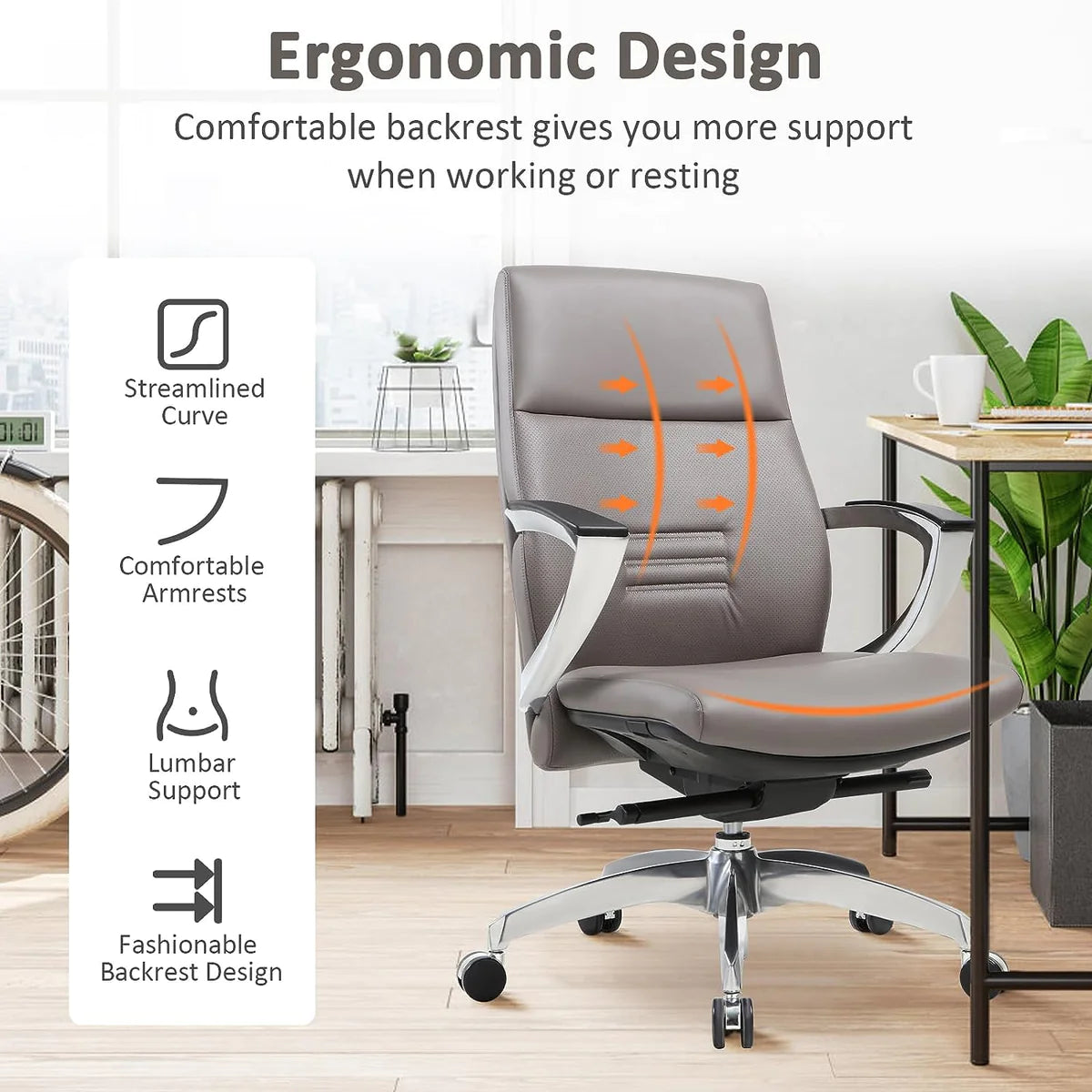 Executive Office Chair Ergonomic Leather Chairs with Tilt and Height Adjustable for Home Office, Gray | karmasfar.us
