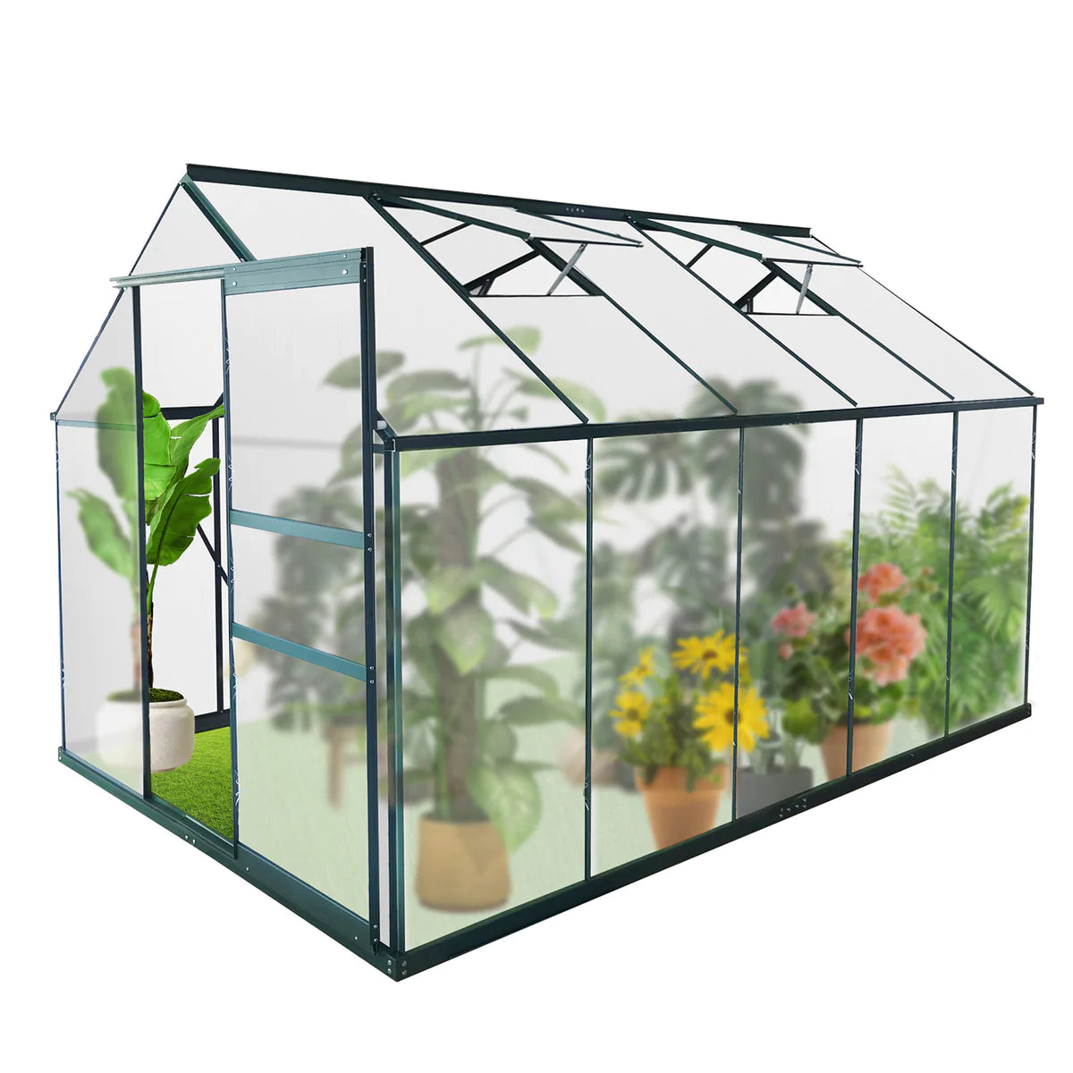 10x6 ft Walk-in Outdoor Greenhouse with Sliding Door, Vent Window, Rain Gutter