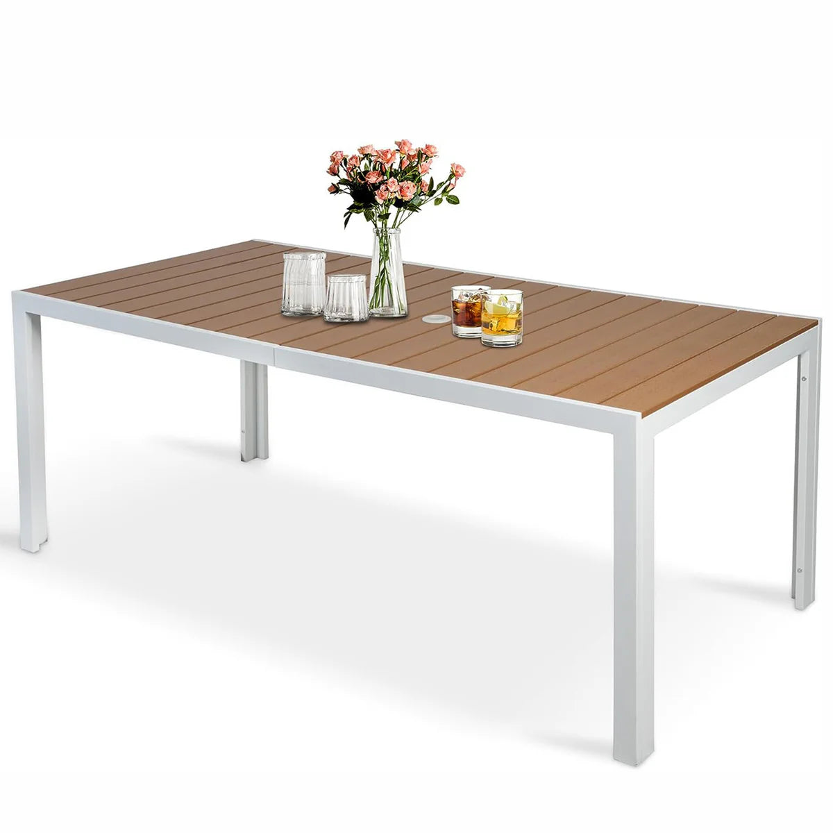 71  Outdoor Patio Dining Table for 6-8 Rectangular Table with Aluminum Frame Adjustable Umbrella Hole, Brown and White