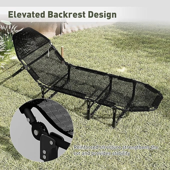 Outdoor Foldable Chaise Lounge Chair, Heavy Duty Sleeping Camp Cot Support Up to 440lbs, 600D PE Oxford Cloth Sleeping Cot for Adults, Black