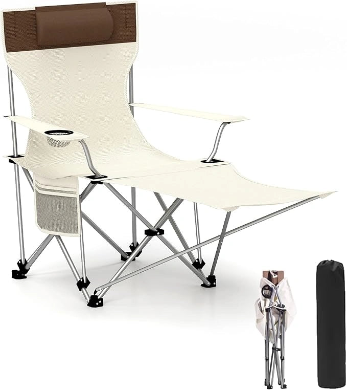 Folding Camping Lounge Chair, Portable Camping Chair with Headrest & Footrest, Ultralight High Back Reclining Chair with Storage Bag & Cup Holder, 275 lbs Weight Capacity