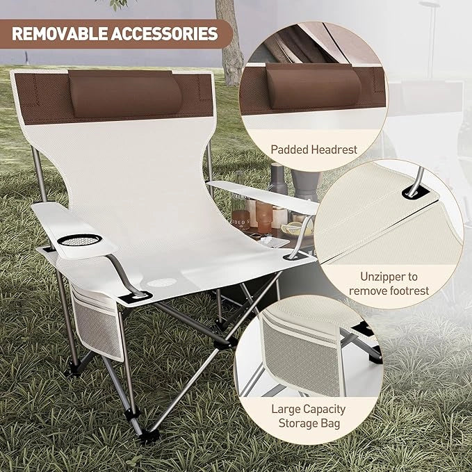 Folding Camping Lounge Chair, Portable Camping Chair with Headrest & Footrest, Ultralight High Back Reclining Chair with Storage Bag & Cup Holder, 275 lbs Weight Capacity