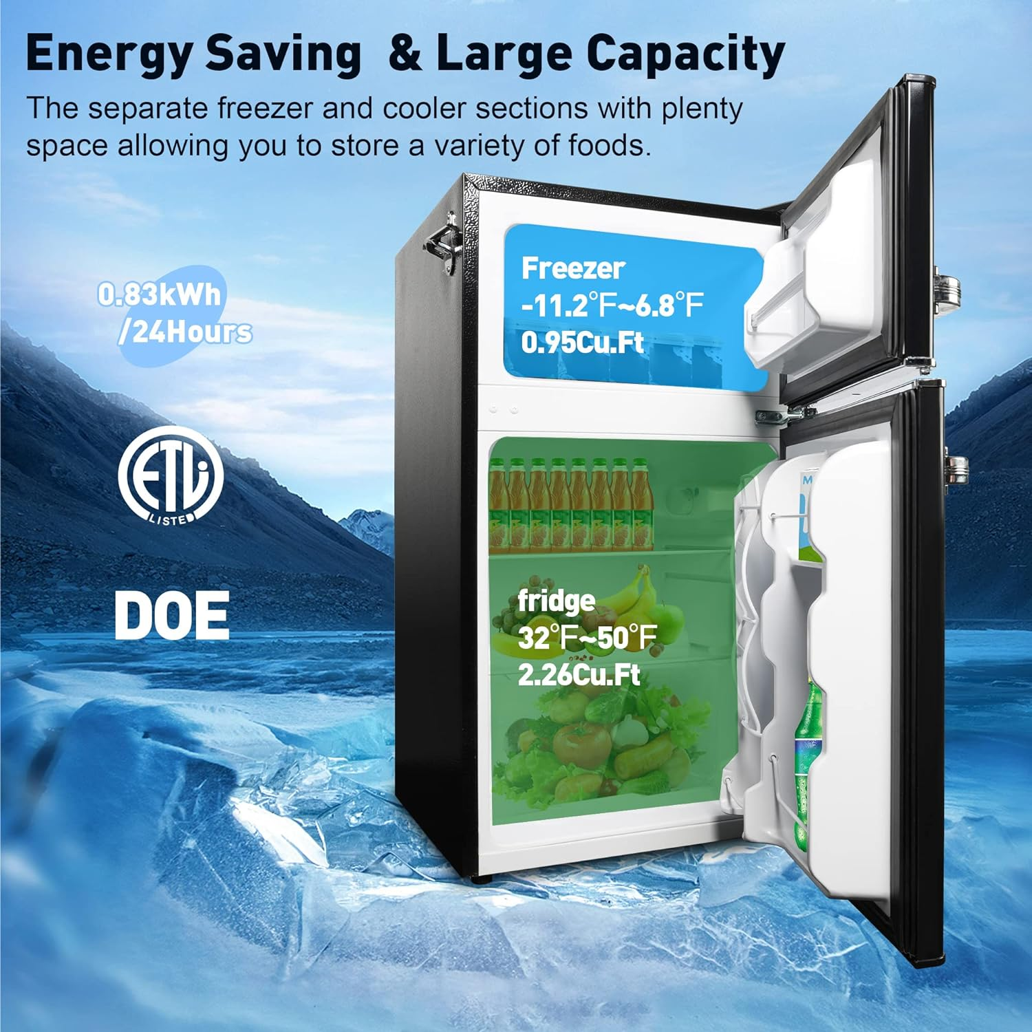 Black Double Door Refrigerator, 3.2 Cu. Ft. Small Refrigerator, Adjustable Thermostat Control