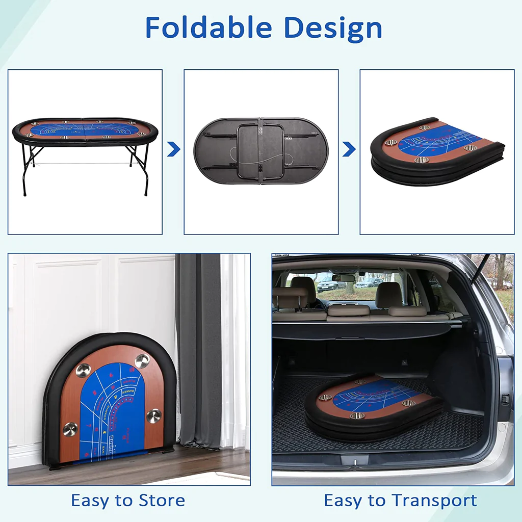 Foldable Poker Table w/Stainless Steel Cup Holder Casino Leisure Table