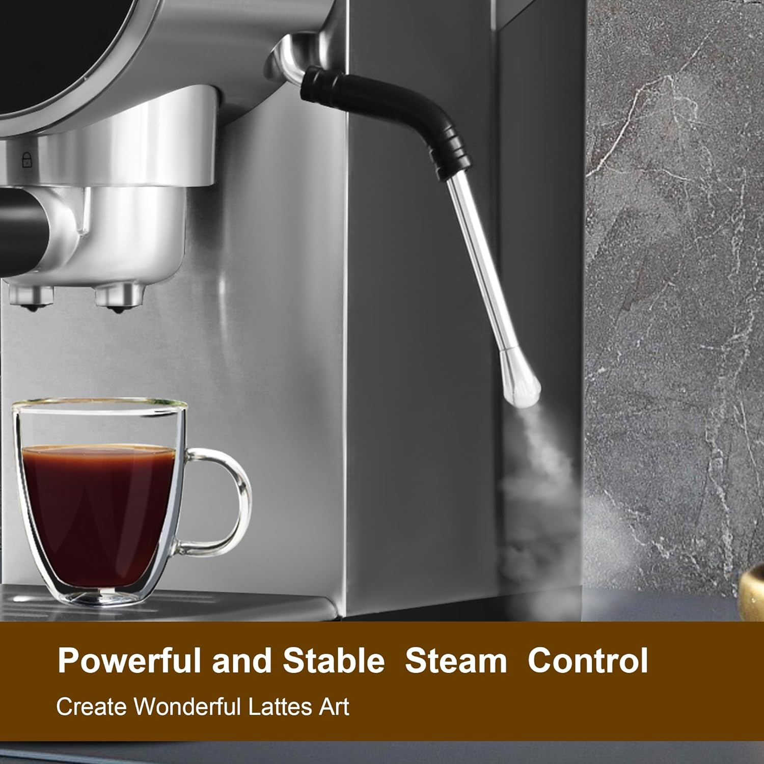 Manual Coffee Maker with Milk Frother Steam Wand, Compact Espresso Coffee Machine，Stainless Steel, 1250W
