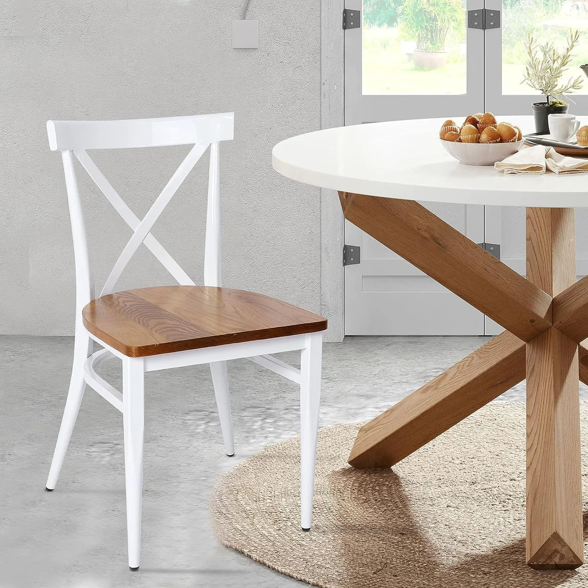 2 Set of Chairs Solid Wood Chair Heavy Duty Metal Frame, X Back ,White | karmasfar.us

