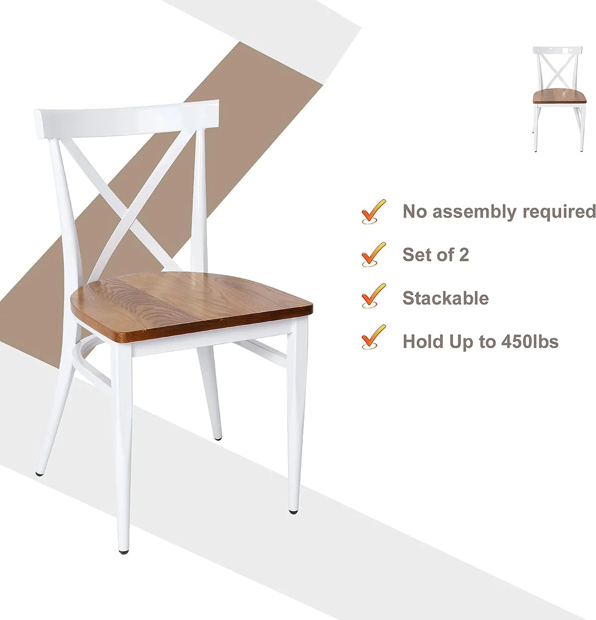 2 Set of Chairs Solid Wood Chair Heavy Duty Metal Frame, X Back ,White | karmasfar.us
