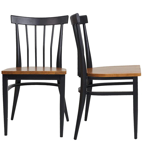 2 Set of Dining Side Chairs Natural Wood Seat Iron Frame Kitchen Chairs, Comb Back Black | karmasfar.us