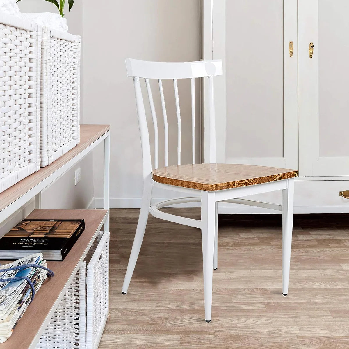 2 Set of   Natural Wood Seat Iron Frame Kitchen Chairs Dining Side Chairs, Comb Back White
