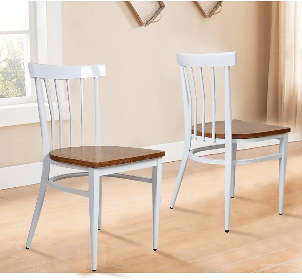 2 Set of   Natural Wood Seat Iron Frame Kitchen Chairs Dining Side Chairs, Comb Back White