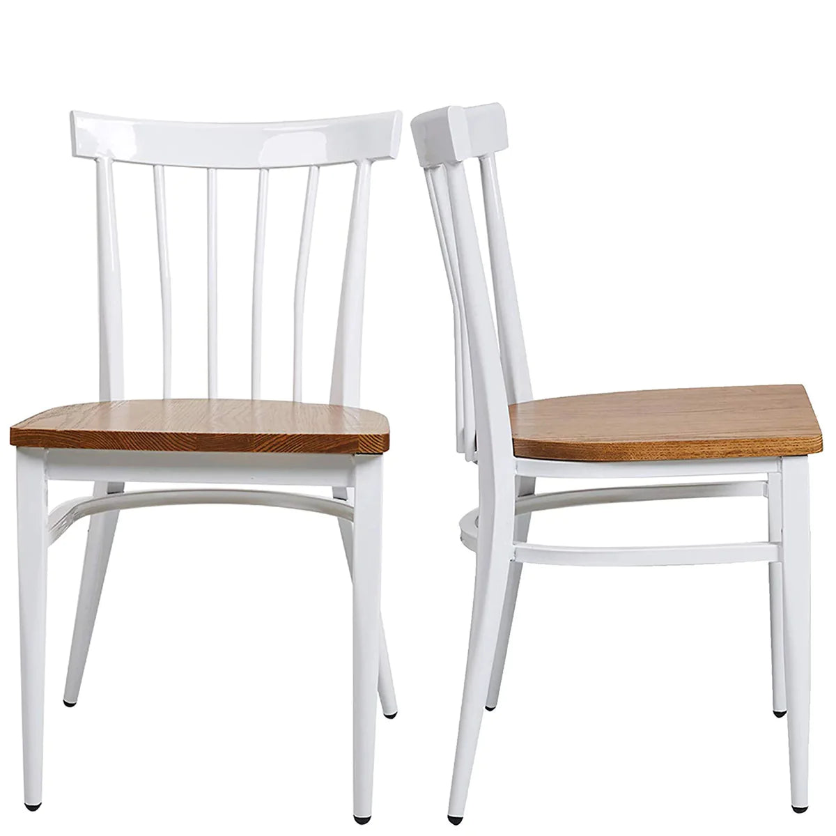 2 Set of   Natural Wood Seat Iron Frame Kitchen Chairs Dining Side Chairs, Comb Back White