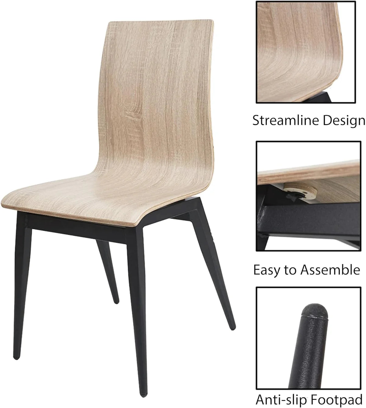 Set of 2 Modern Kitchen Chairs with Wooden Seat and Metal Legs Dining Side Chair, light Brown