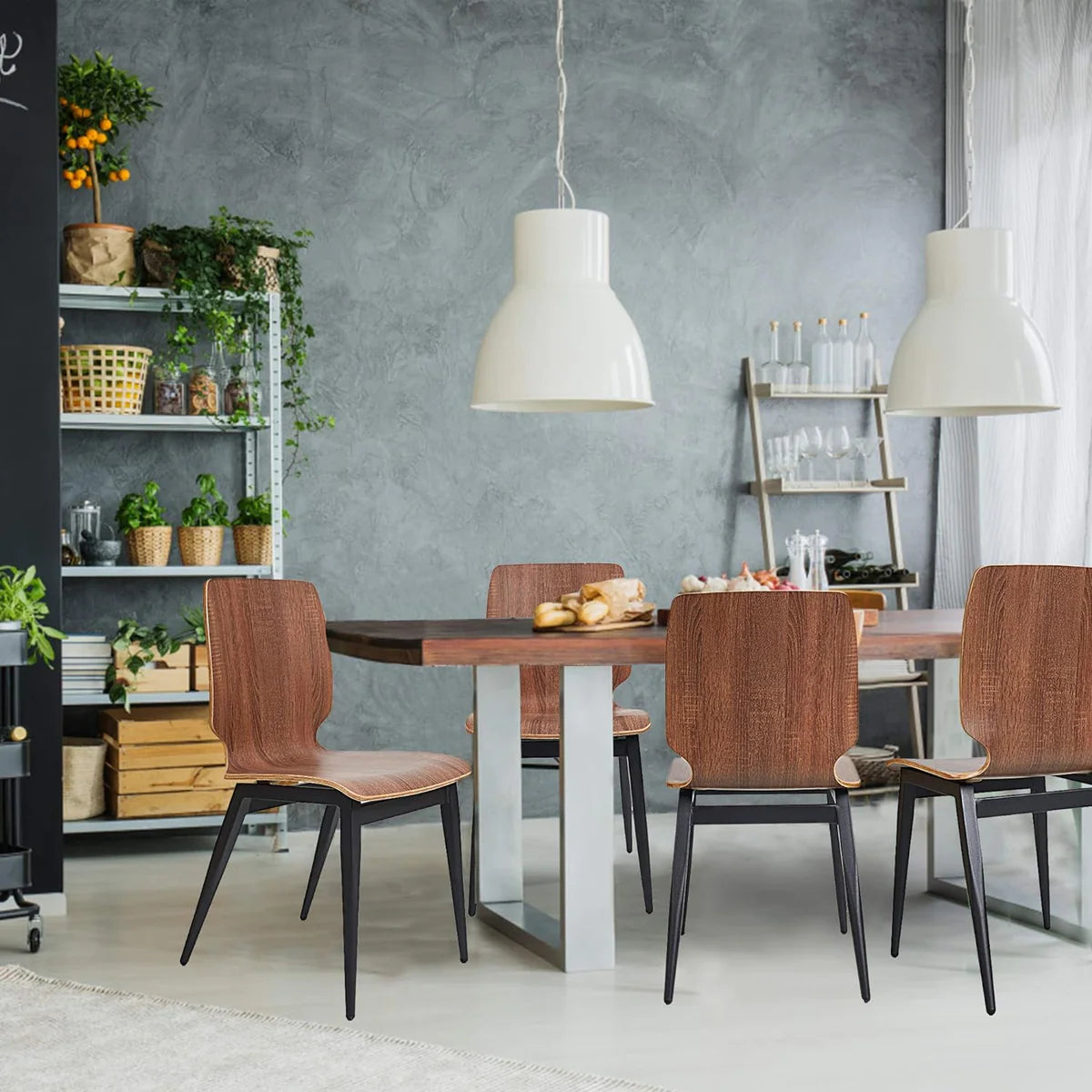4 Set of  Modern Kitchen Chairs with Wooden Seats Metal Legs Dining Side Chair