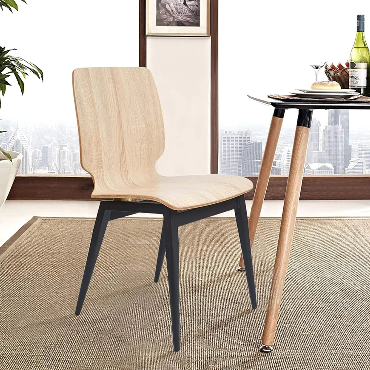 4 Set of  Modern Kitchen Chairs with Wooden Seats Metal Legs Dining Side Chair