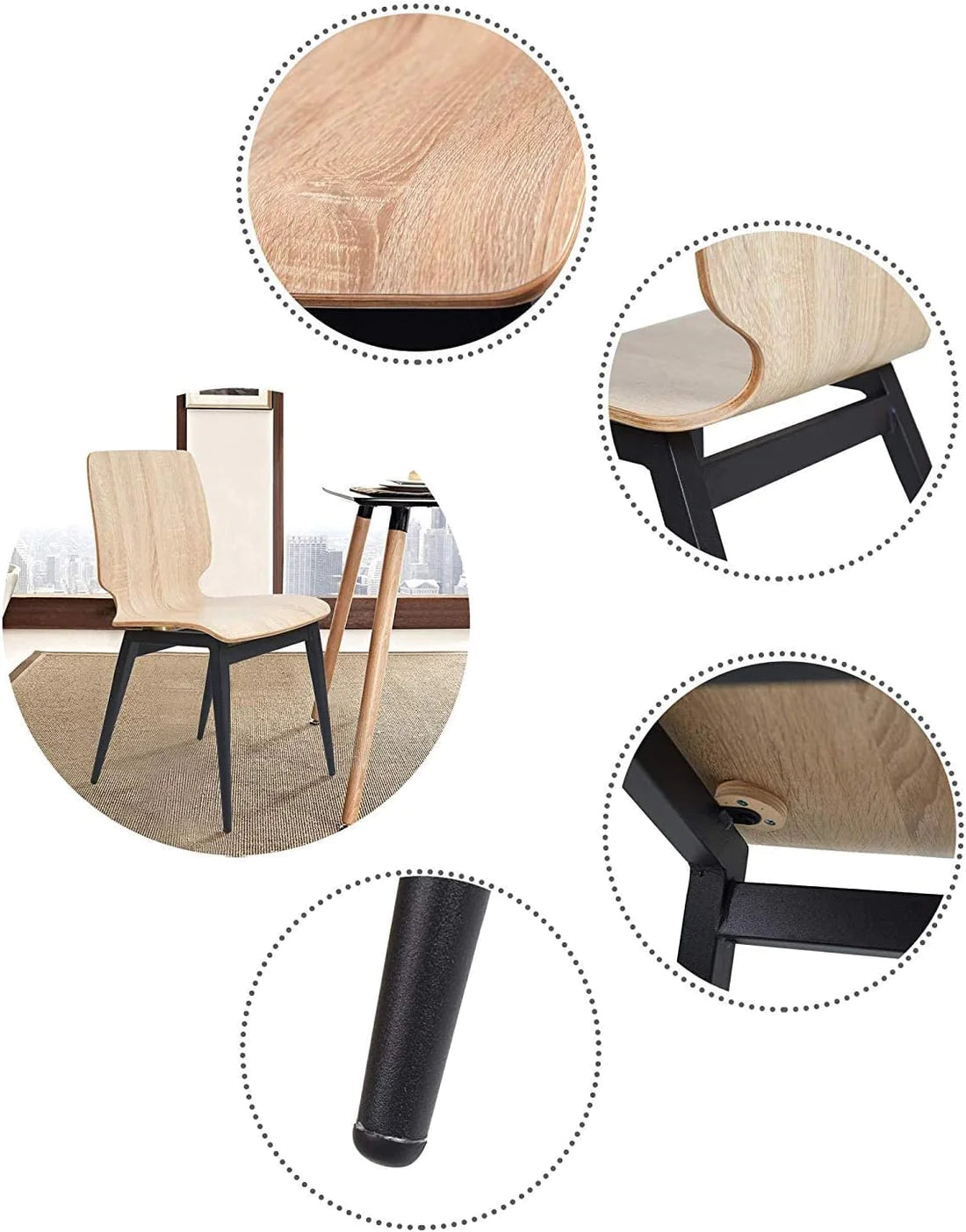 4 Set of  Modern Kitchen Chairs with Wooden Seats Metal Legs Dining Side Chair