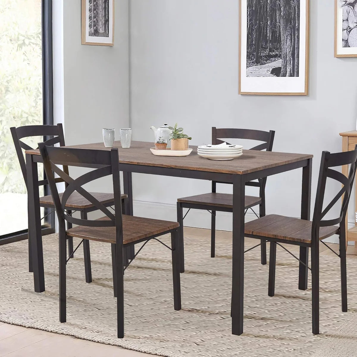 5 Piece Dining Table Set, 1 Dining Table 47.2  for 4 with 4 Dining Chairs Modern Dinette, Metal Backrest