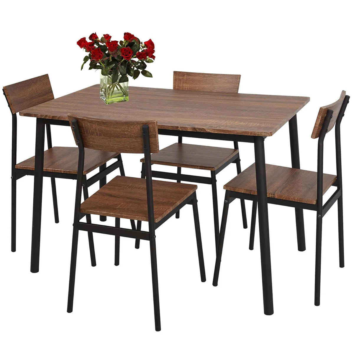 5 Piece Dining Table Set, 1 Dining Table 43.3  for 4 with 4 Dining Chairs Rustic Wooden Dinette, Wood Backrest