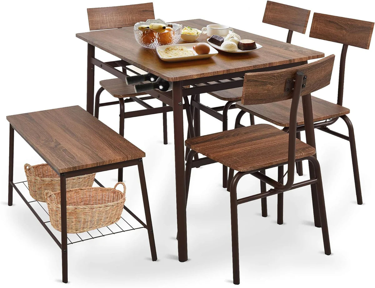 6 Piece Dining Table Set, 1 Dining Table 43.3  for 4-6 with 4 Dining Chairs and 1 Bench Compact Wooden Dinette, Wood Backrest