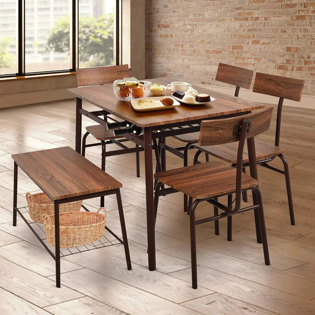 6 Piece Dining Table Set, 1 Dining Table 43.3  for 4-6 with 4 Dining Chairs and 1 Bench Compact Wooden Dinette, Wood Backrest