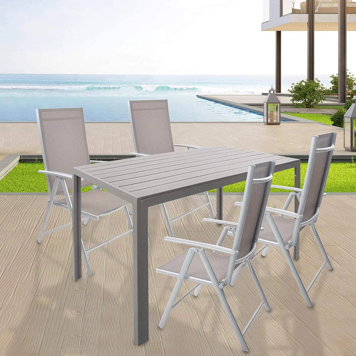5 Piece Outdoor Patio Table Set, 1 Dining Table 55  for 4-6 with 4 Folding Chairs Aluminum Frame Outdoor Dining Set