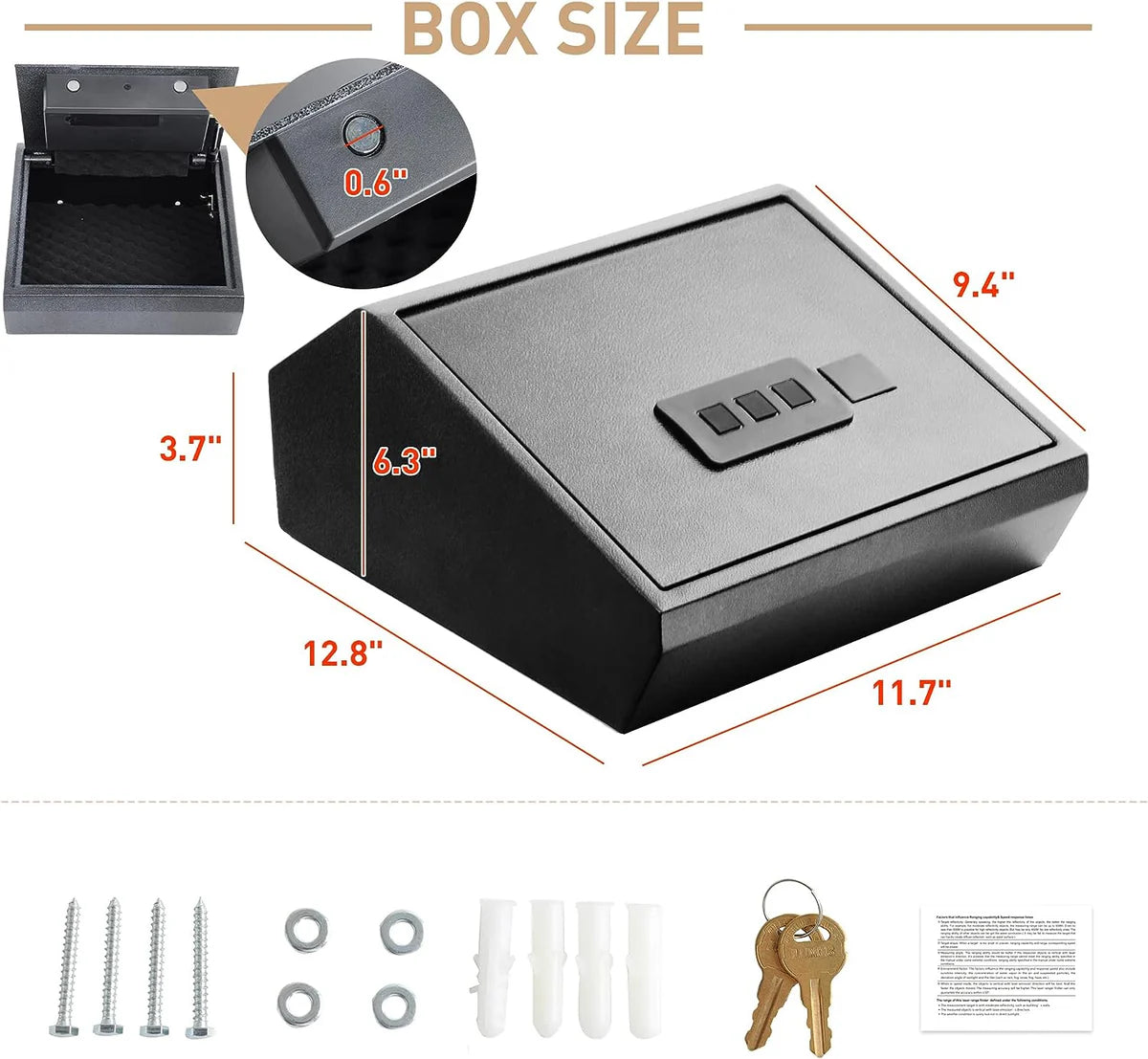 0.4 Cu Ft Security Home Safe Box with Gas Spring Open Door Solid Steel Wall Mounted