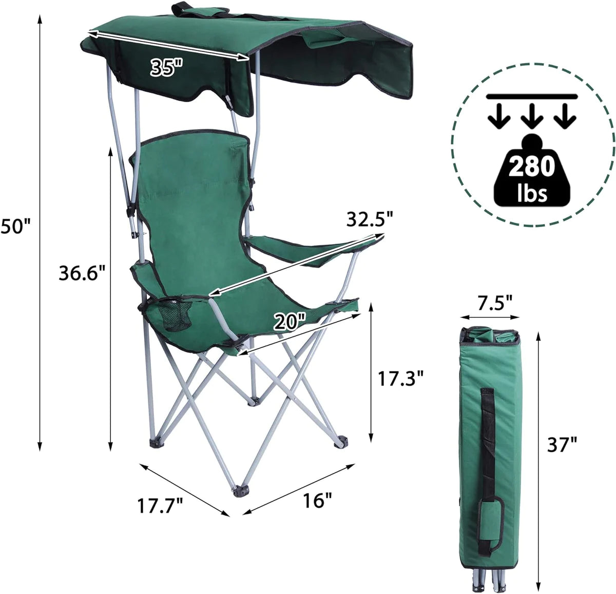 Portable Camping Chairs with Shade Canopy Cup Holder Carry Bag Folding Beach Chairs, Green | karmasfar.us
