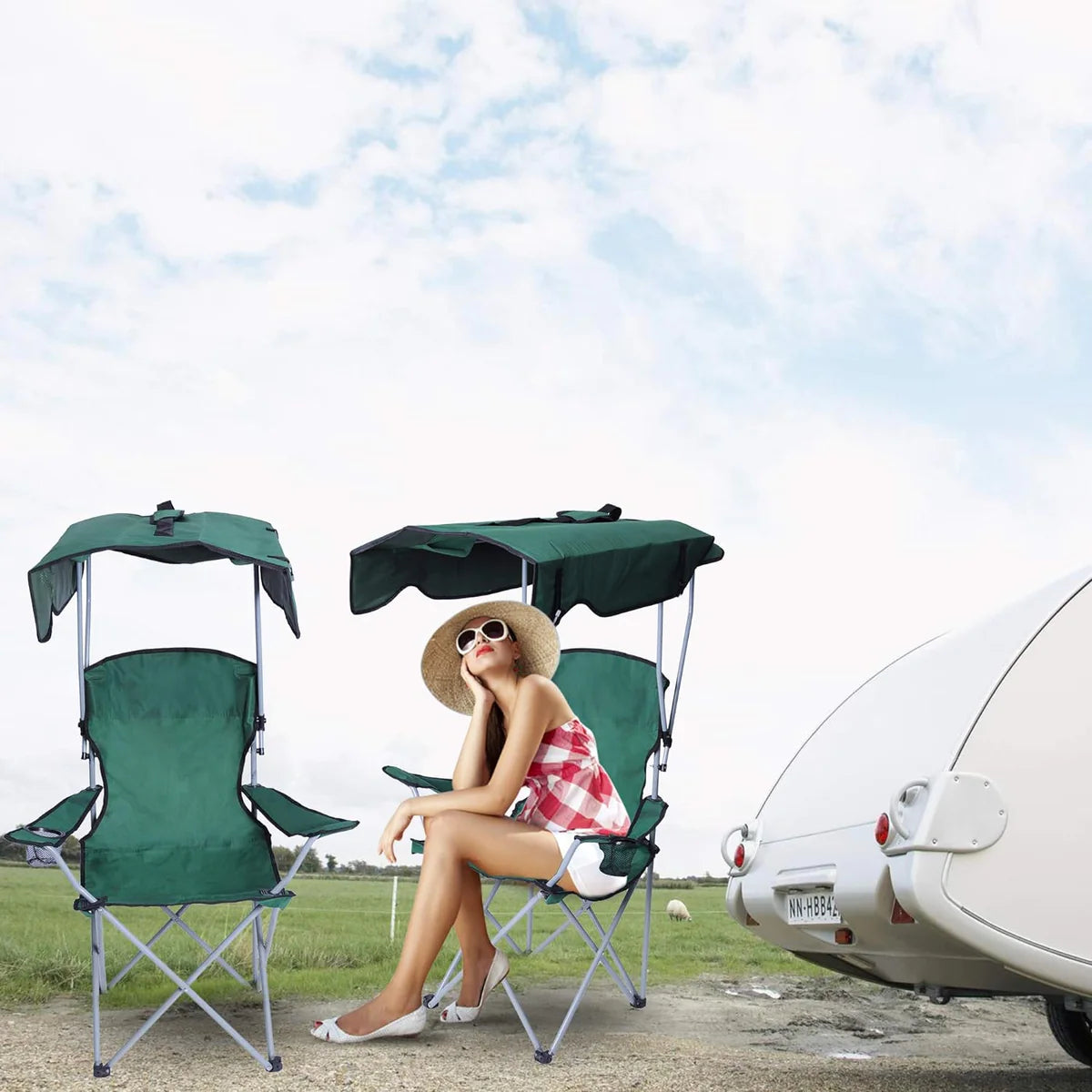Portable Camping Chairs with Shade Canopy Cup Holder Carry Bag Folding Beach Chairs, Green | karmasfar.us
