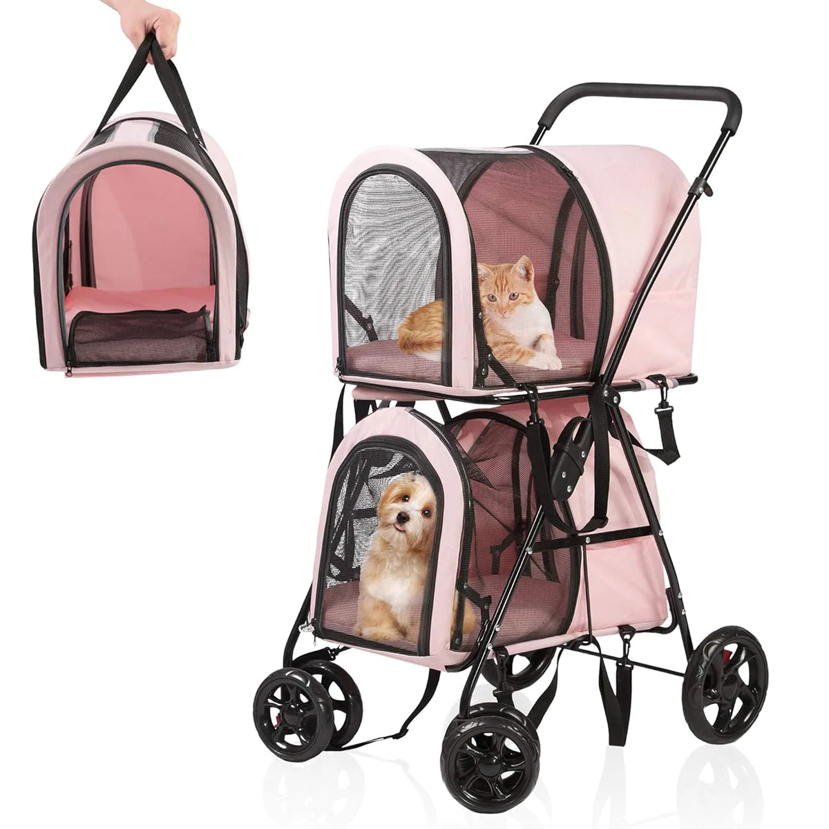 Portable and Foldable Double Cat Stroller on for Small Medium Dogs Cats, with 2 Detachable Carrier BagsPink