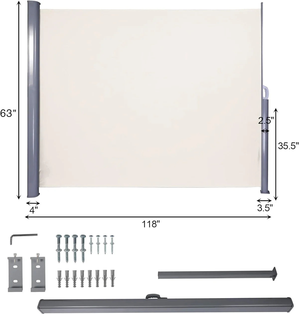 118 L x 63 H Retractable Side Awning Aluminum Patio Outdoor Folding Privacy Divider, Beige