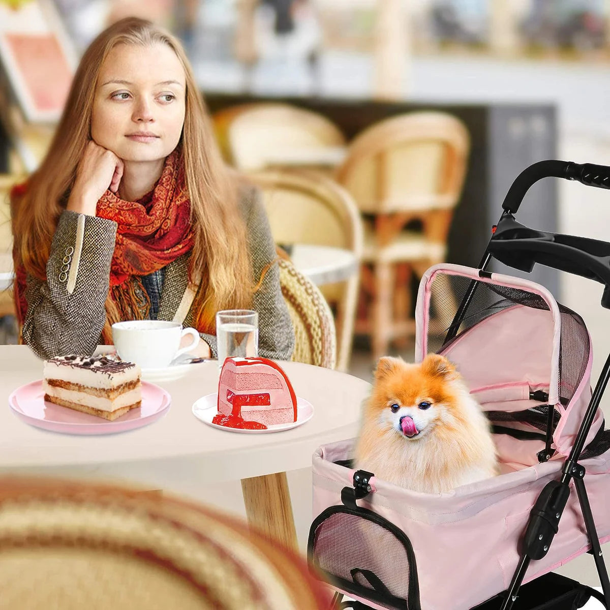 Folding Dog Stroller Carrier Pet Stroller with Storage Basket, Pink