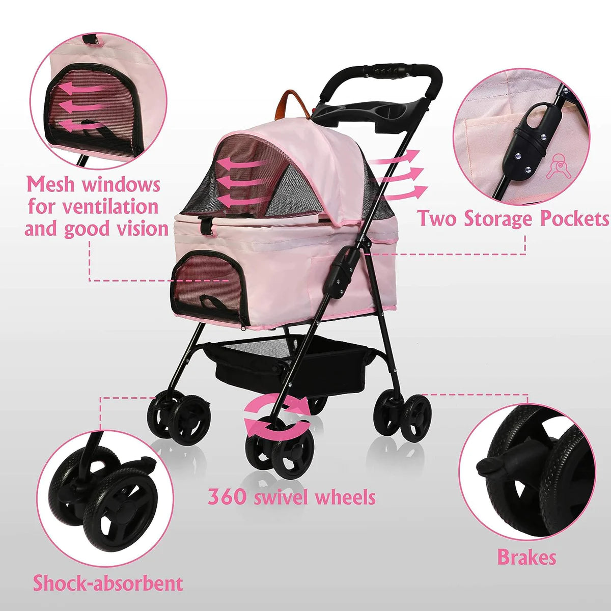 Folding Dog Stroller Carrier Pet Stroller with Storage Basket, Pink