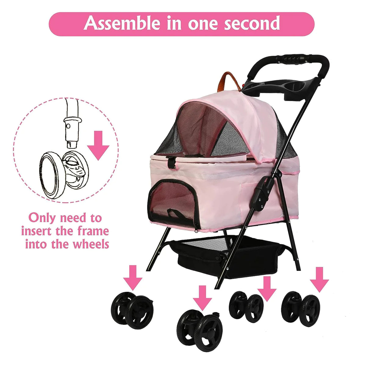 Folding Dog Stroller Carrier Pet Stroller with Storage Basket, Pink
