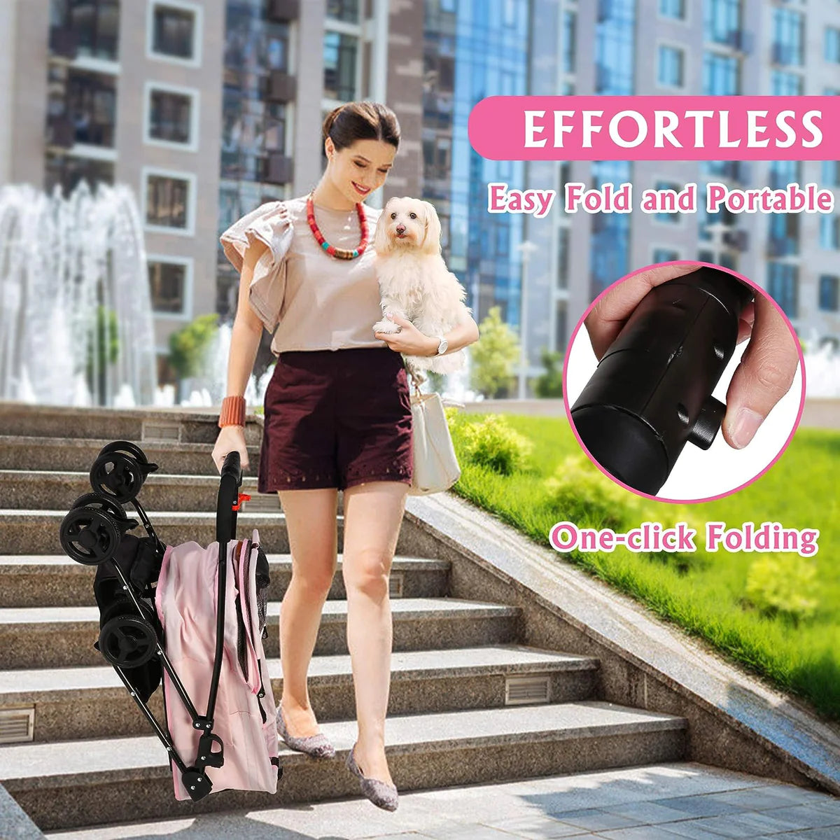 Folding Dog Stroller Carrier Pet Stroller with Storage Basket, Pink