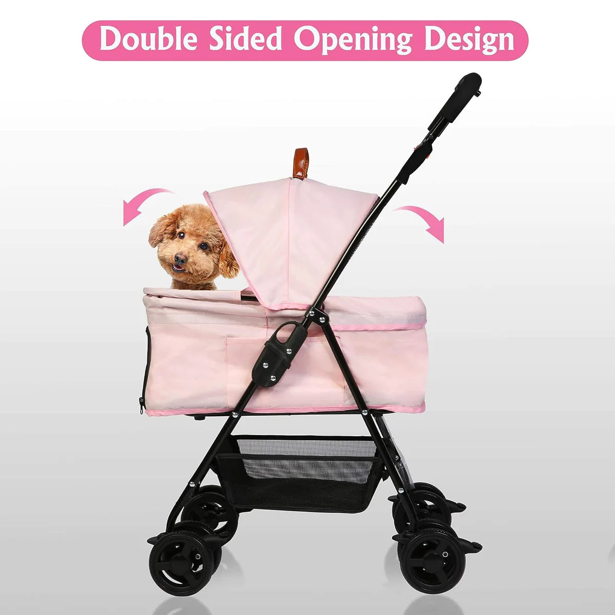 Folding Dog Stroller Carrier Pet Stroller with Storage Basket, Pink