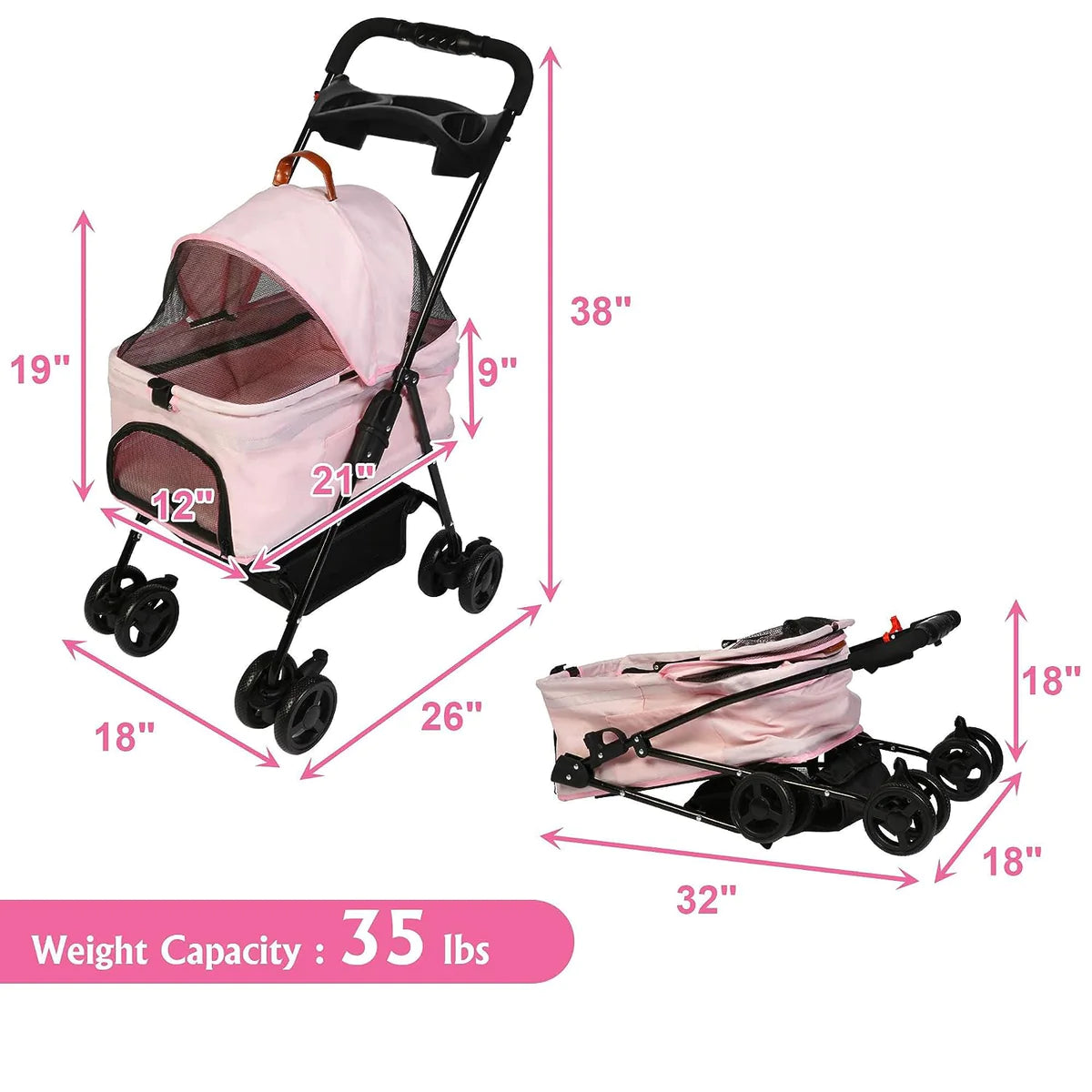 Folding Dog Stroller Carrier Pet Stroller with Storage Basket, Pink