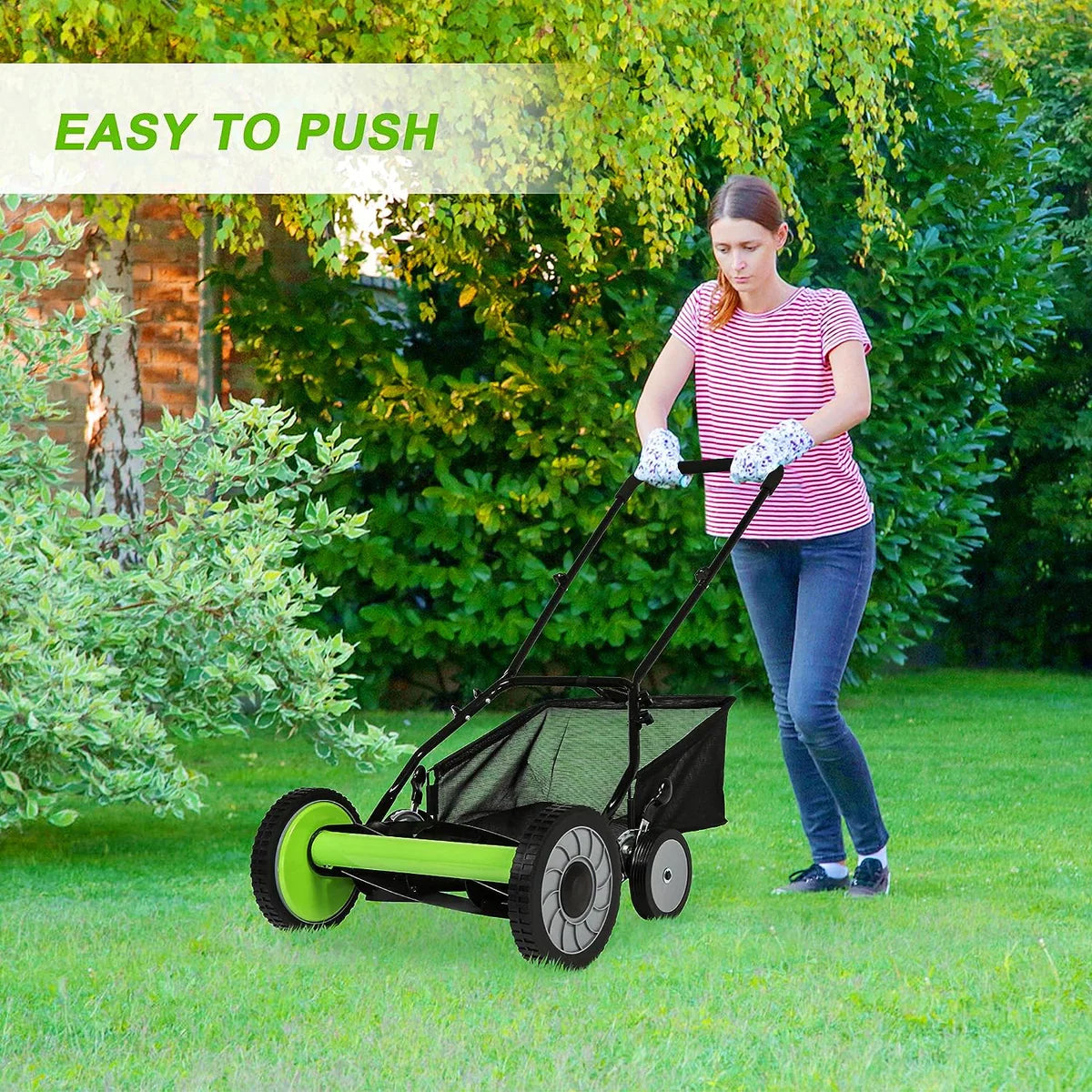 16  Push Cordless Lawn Mower 5-Blade Manual Walk-behind Mower with Detachable Grass Catcher, 4 Wheels