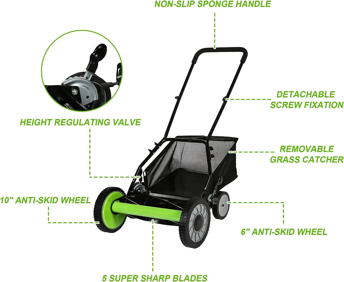 16  Push Cordless Lawn Mower 5-Blade Manual Walk-behind Mower with Detachable Grass Catcher, 4 Wheels