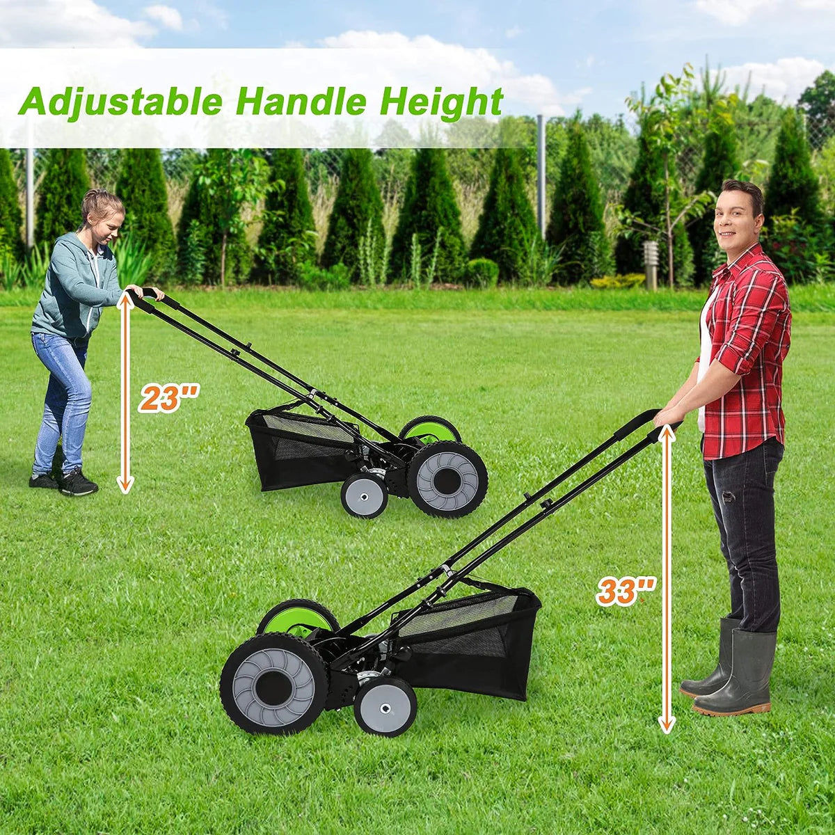 16  Push Cordless Lawn Mower 5-Blade Manual Walk-behind Mower with Detachable Grass Catcher, 4 Wheels