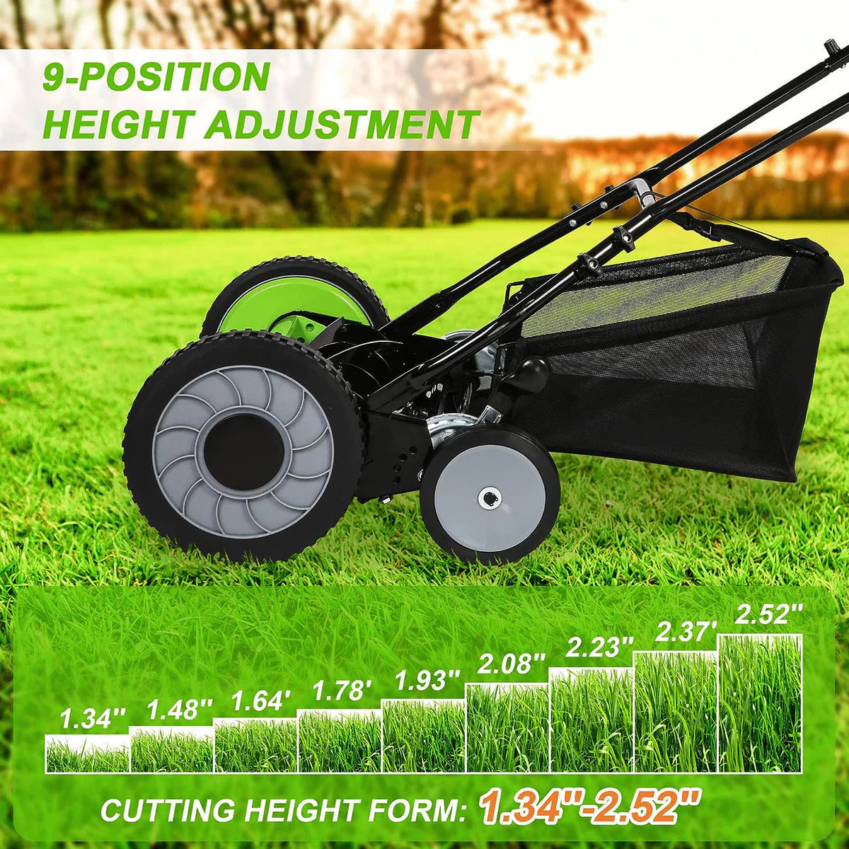16  Push Cordless Lawn Mower 5-Blade Manual Walk-behind Mower with Detachable Grass Catcher, 4 Wheels