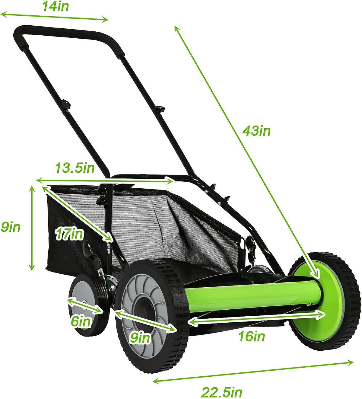 16  Push Cordless Lawn Mower 5-Blade Manual Walk-behind Mower with Detachable Grass Catcher, 4 Wheels