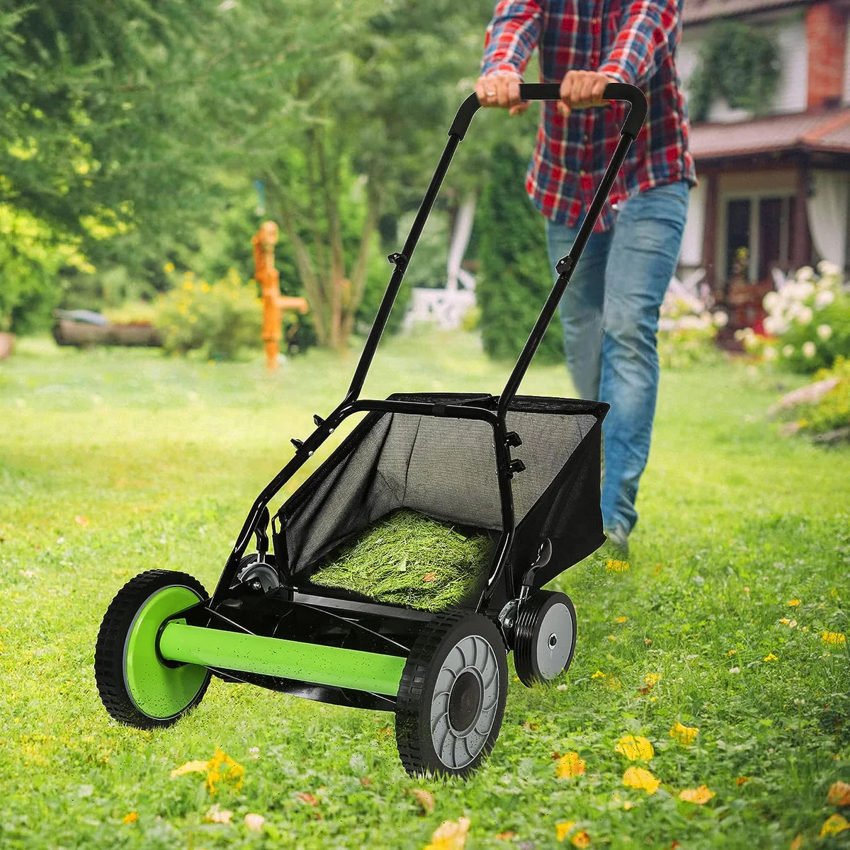 16  Push Cordless Lawn Mower 5-Blade Manual Walk-behind Mower with Detachable Grass Catcher, 4 Wheels