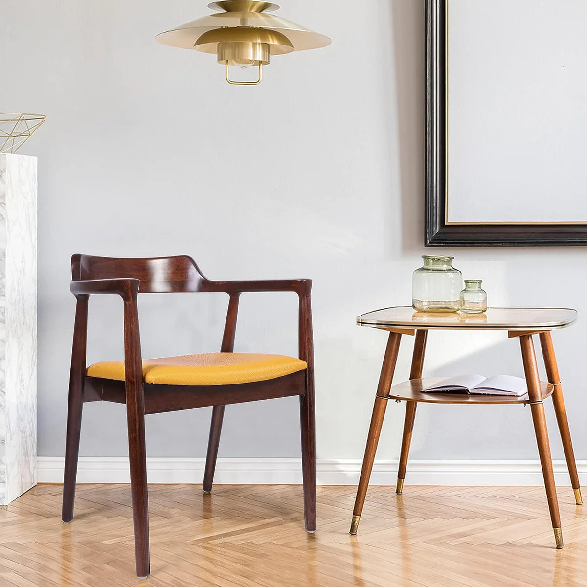 Wood Dining Chairs Mid Century Upholstered Side Chairs with Beech Frame and Armrest