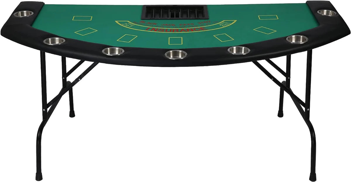 71  Folding Poker Table 7 Player Casino Game Table Removable Metal Cup Holder, Green