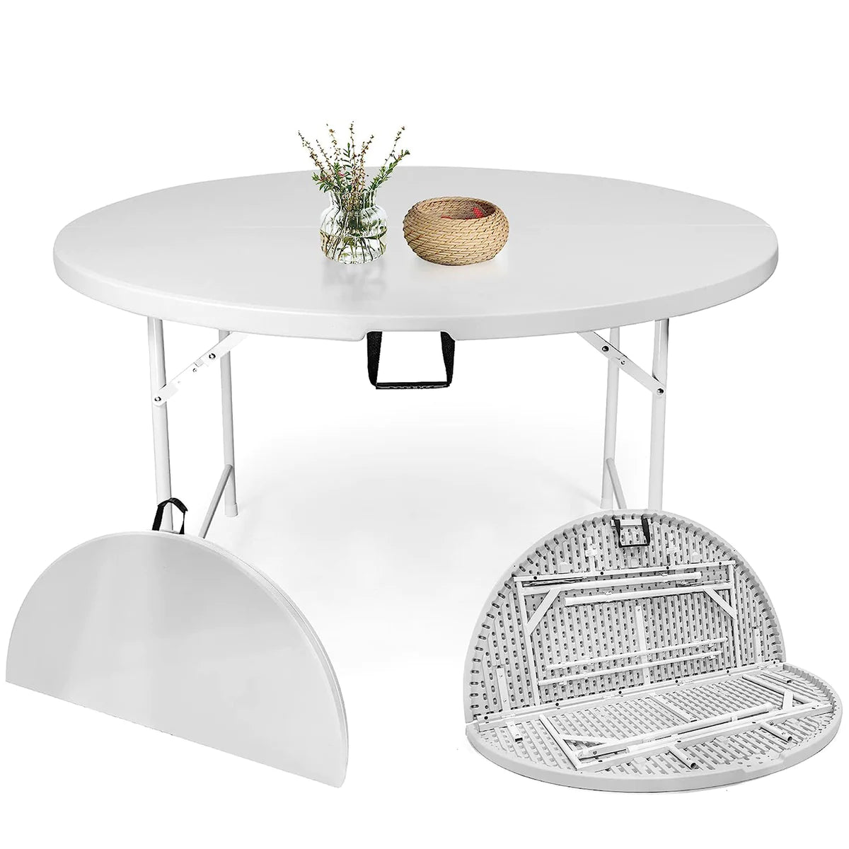 Plastic Tabletop Folding Portable Outdoor Picnic Table, Round, White| karmasfar.us

