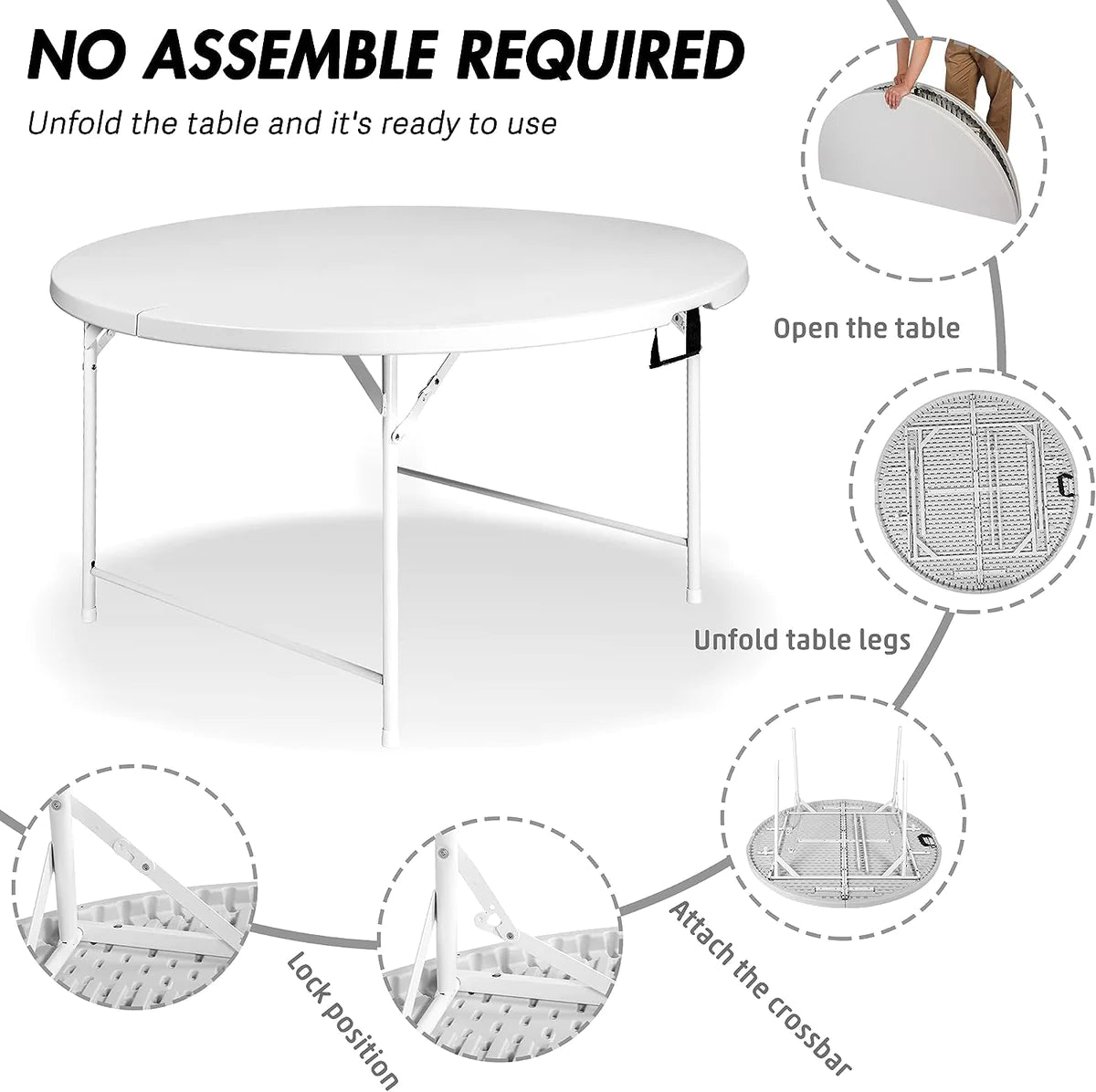 Plastic Tabletop Folding Portable Outdoor Picnic Table, Round, White| karmasfar.us

