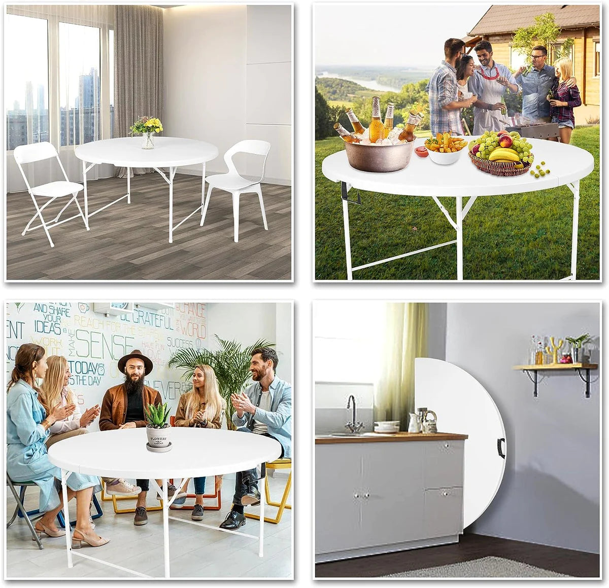 Plastic Tabletop Folding Portable Outdoor Picnic Table, Round, White| karmasfar.us

