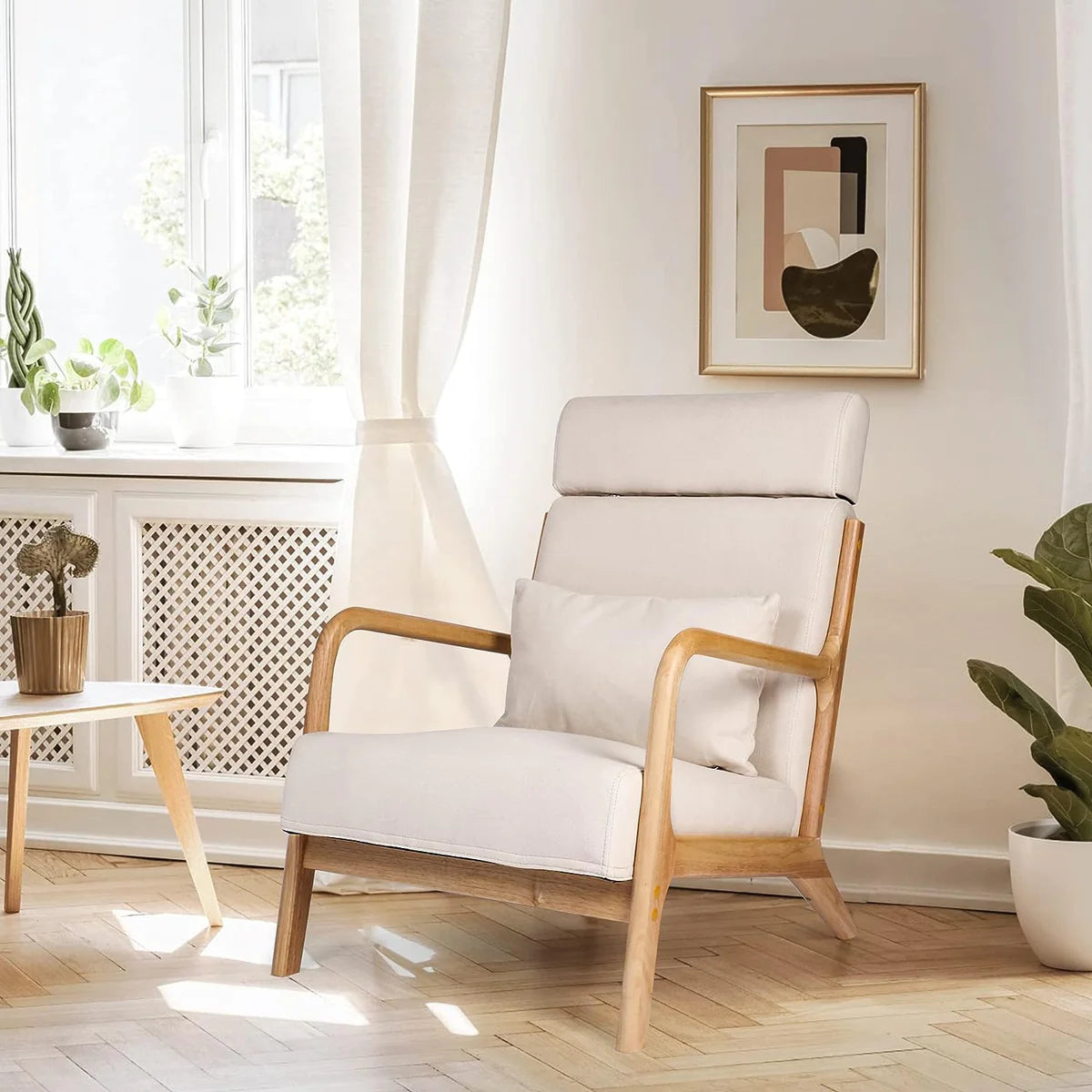 Modern Accent Chair Sofa Upholstered Lounge Armchair with Solid Wooden Legs,  Soft，Beige