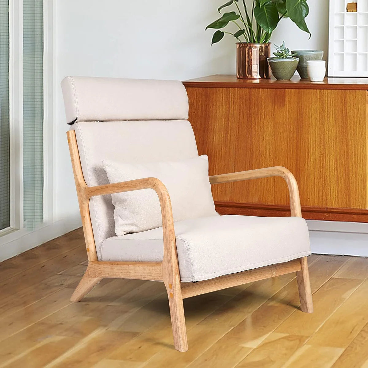 Modern Accent Chair Sofa Upholstered Lounge Armchair with Solid Wooden Legs,  Soft，Beige