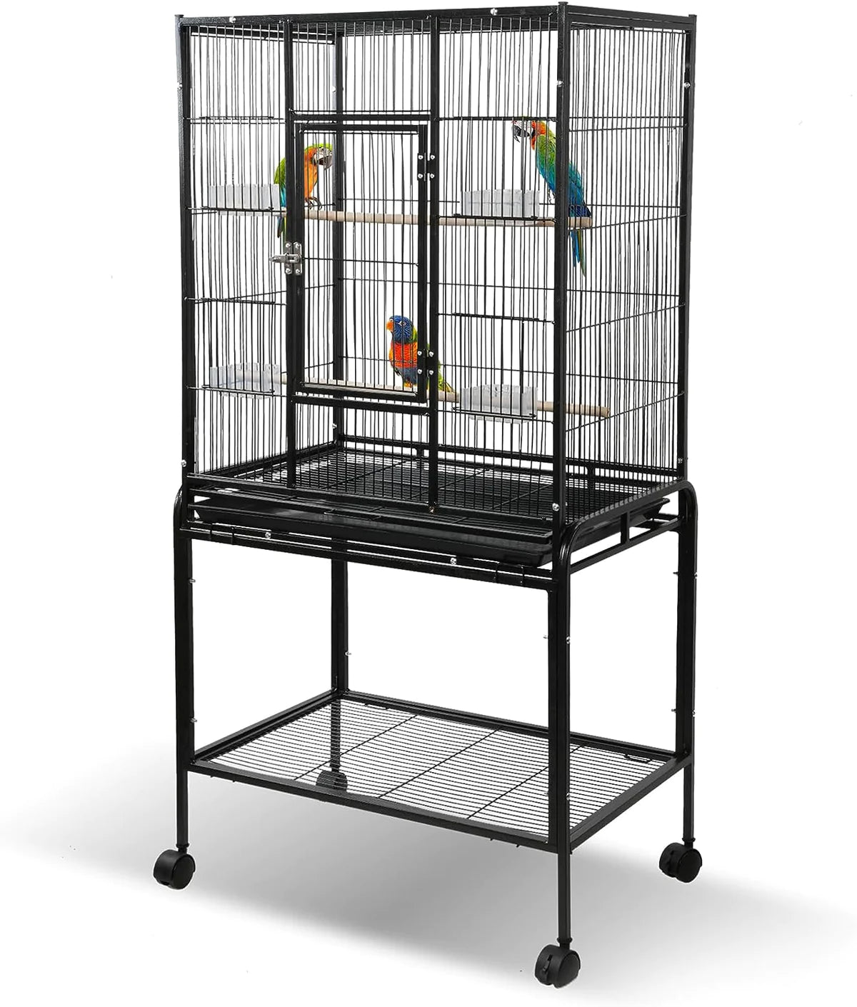 53  Big Rolling Bird Cage Parrot Flight Cage with Detachable Stand Storage Shelf and Wheels, Black