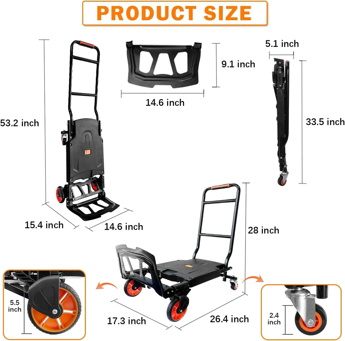 Two modes portable folding trolley with extra Bungee cord, 330lbs Capacity